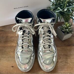 BALENCIAGA Metallic Silver Painted Hightop Sneakers
